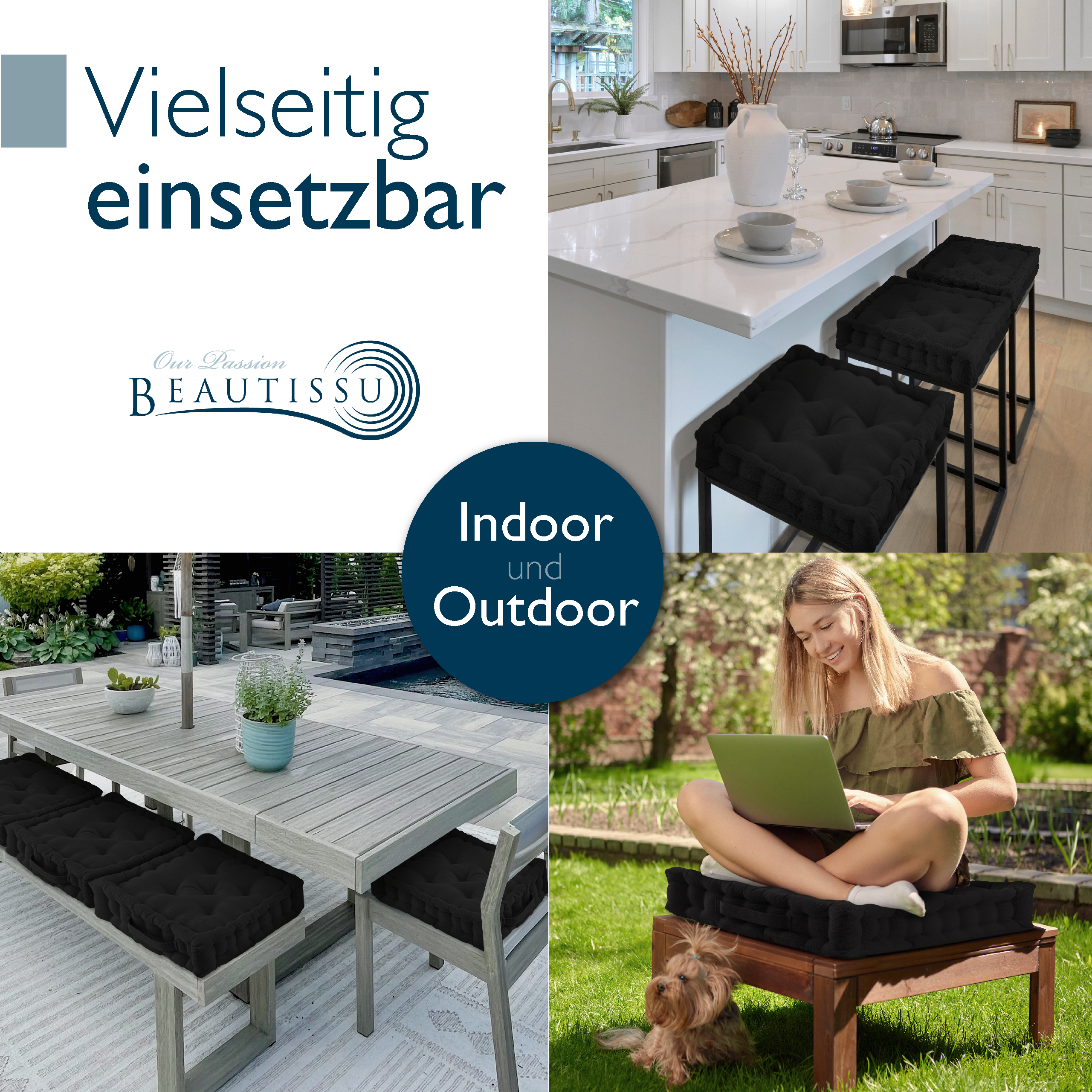 Beautissu Indoor & Outdoor Bodenkissen 50x50x8 cm mit Tragegriff – Sit
