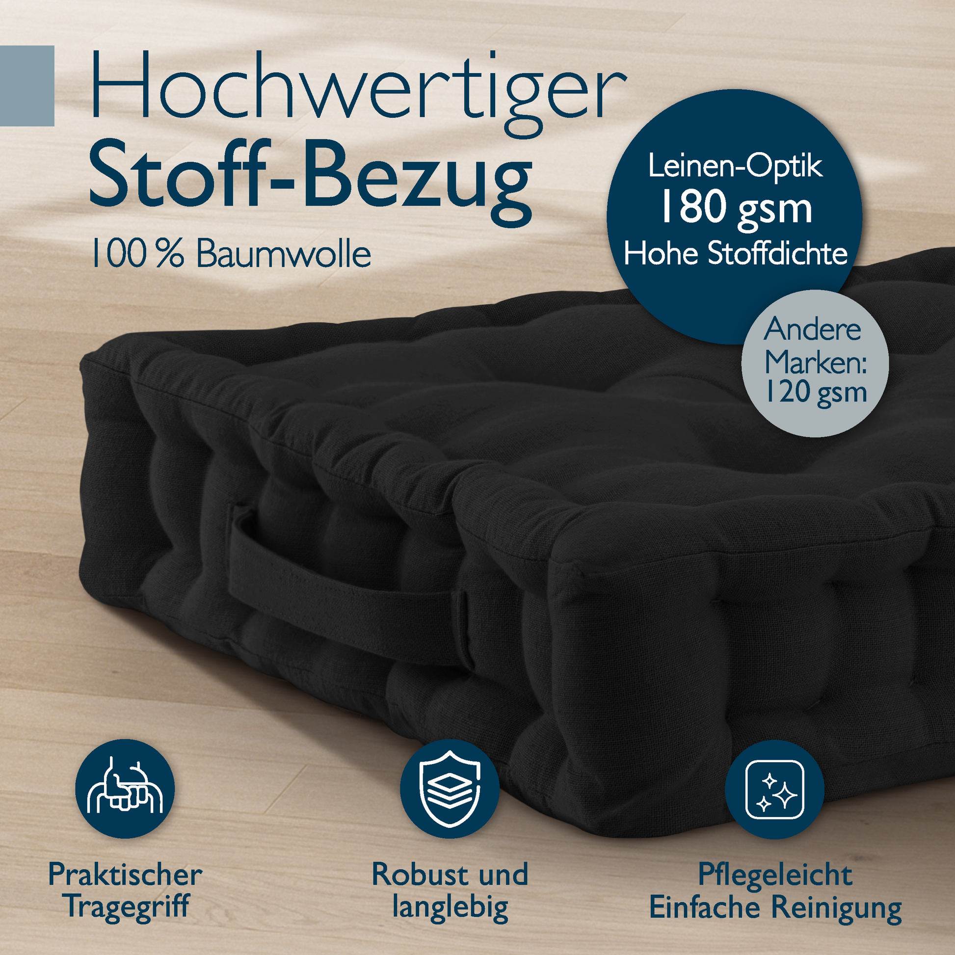 Beautissu Indoor & Outdoor Bodenkissen 50x50x8 cm mit Tragegriff – Sit