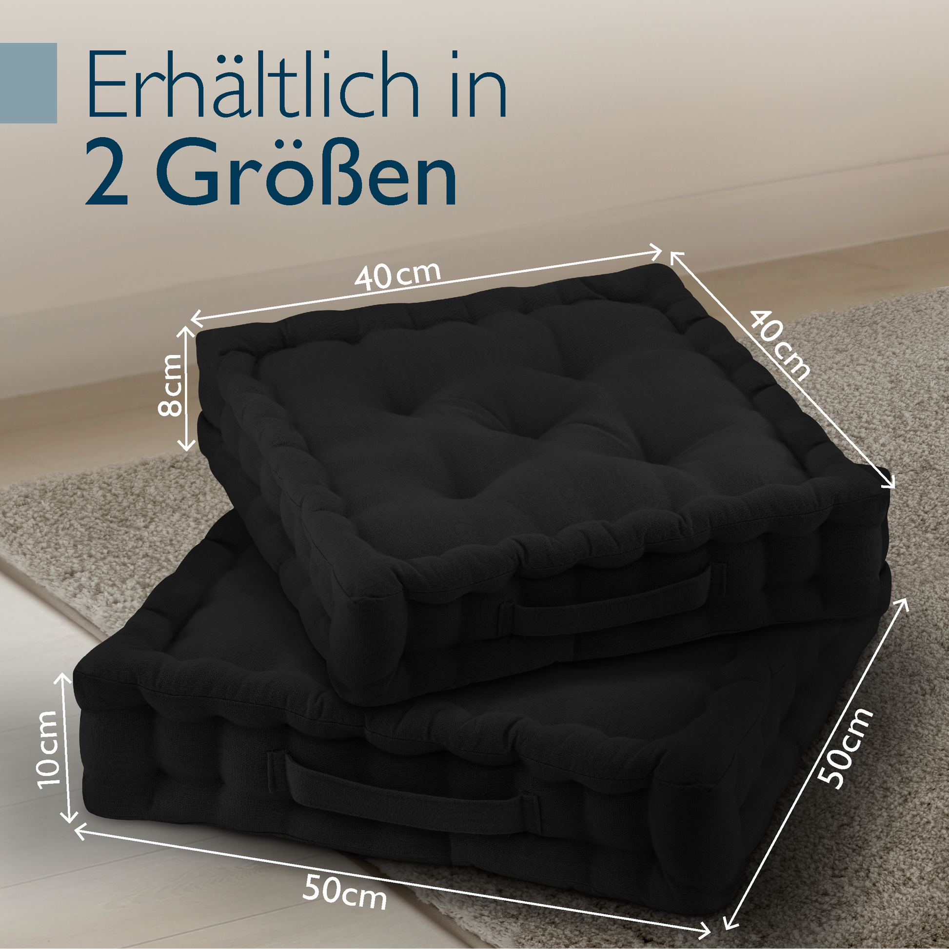 Beautissu Indoor & Outdoor Bodenkissen 50x50x8 cm mit Tragegriff – Sit