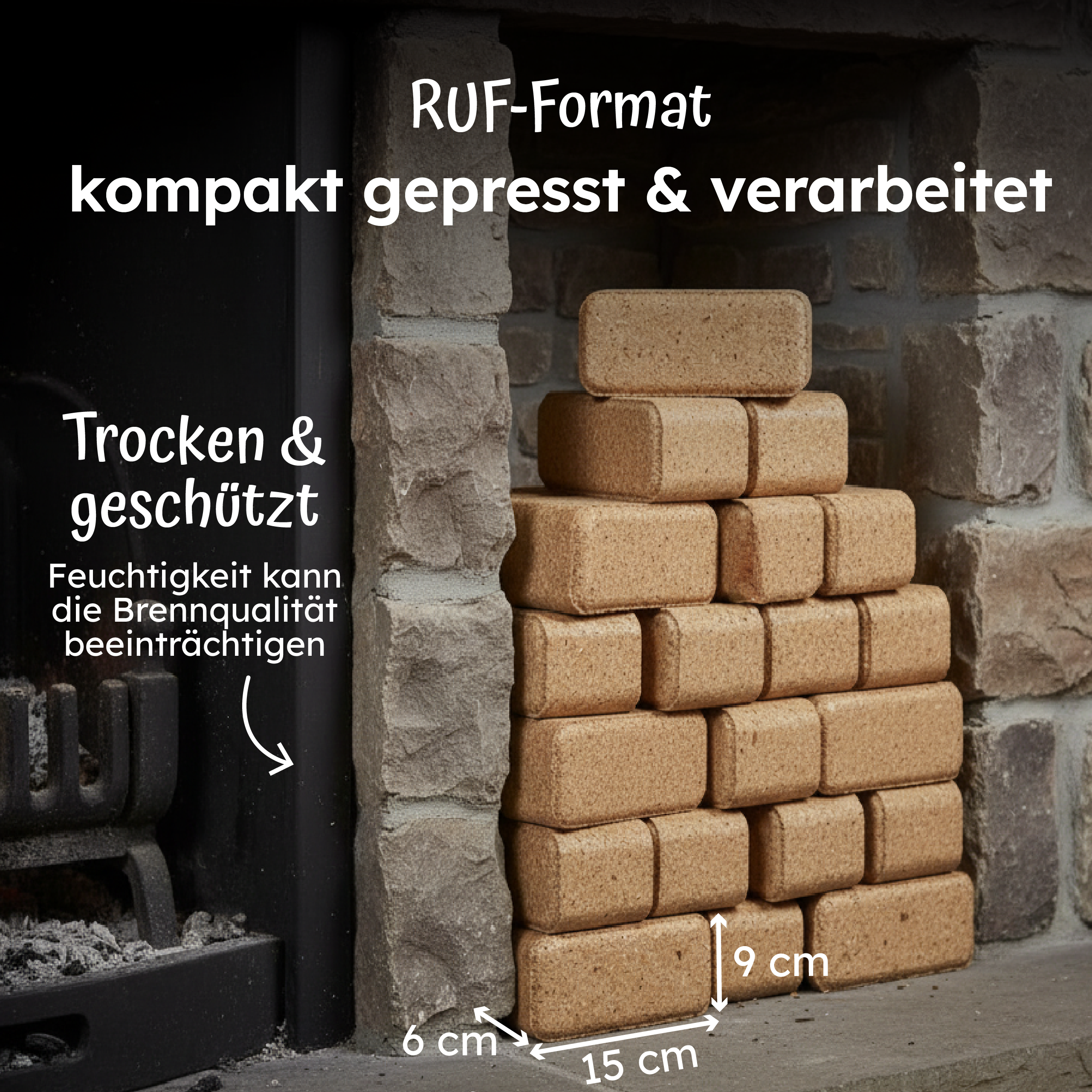 Holzbriketts 10/20/30kg in kompakter RUF-Form, nachhaltige Kaminbriketts mit hohem Heizwert und CO2-neutraler Verbrennung, produziert in Deutschland