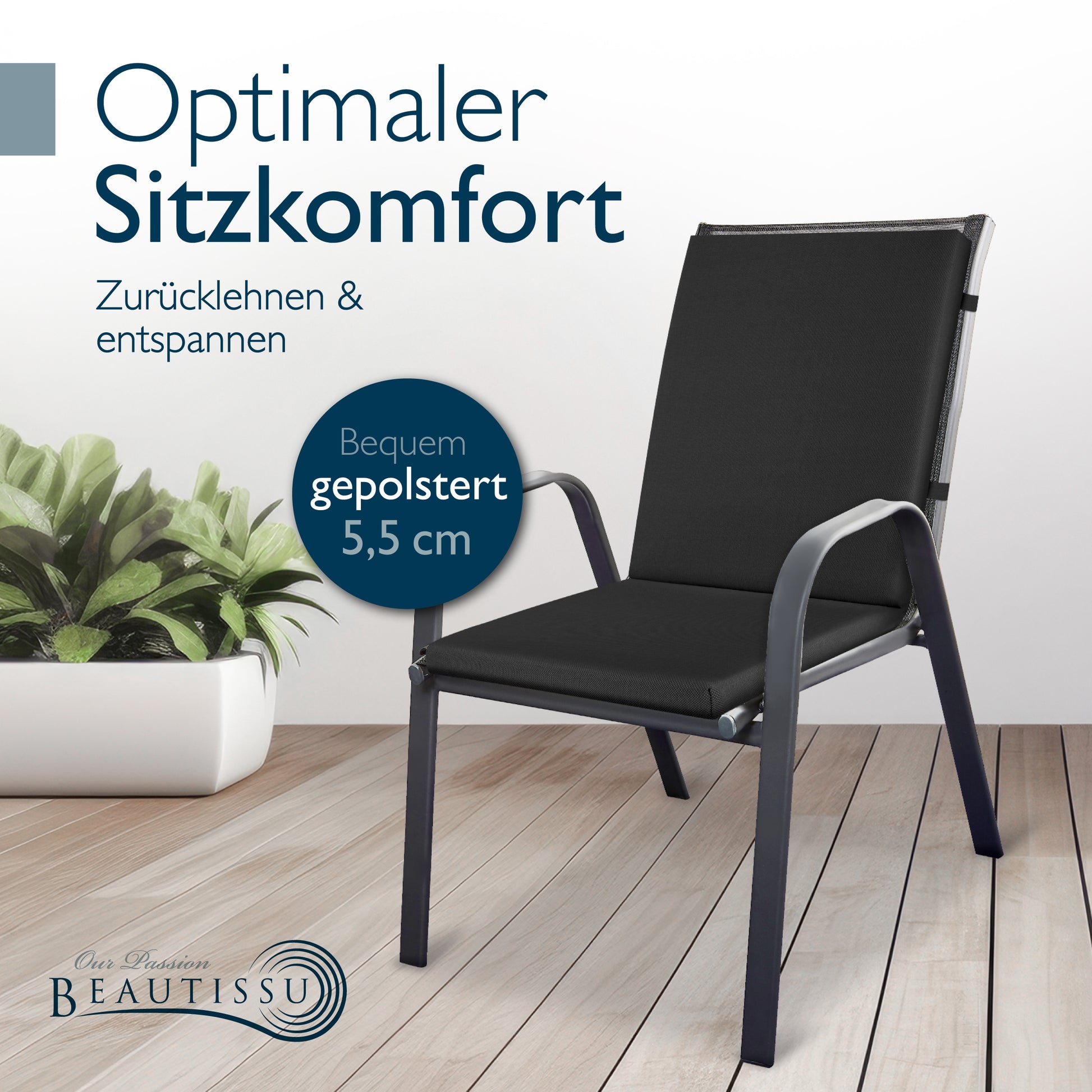 Beautissu 100% Wasserdicht Premium Niederlehner Stuhlauflage 120x50x5,