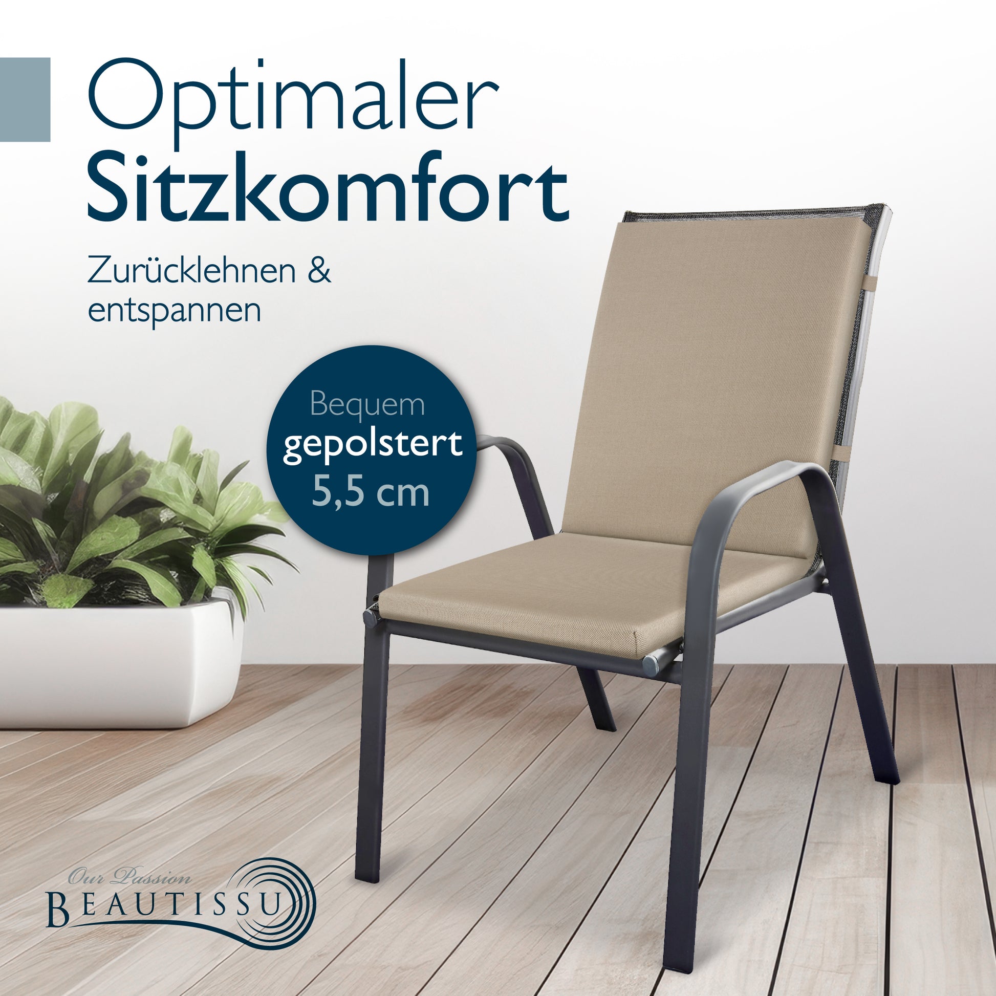 Beautissu 100% Wasserdicht Premium Niederlehner Stuhlauflage 120x50x5,