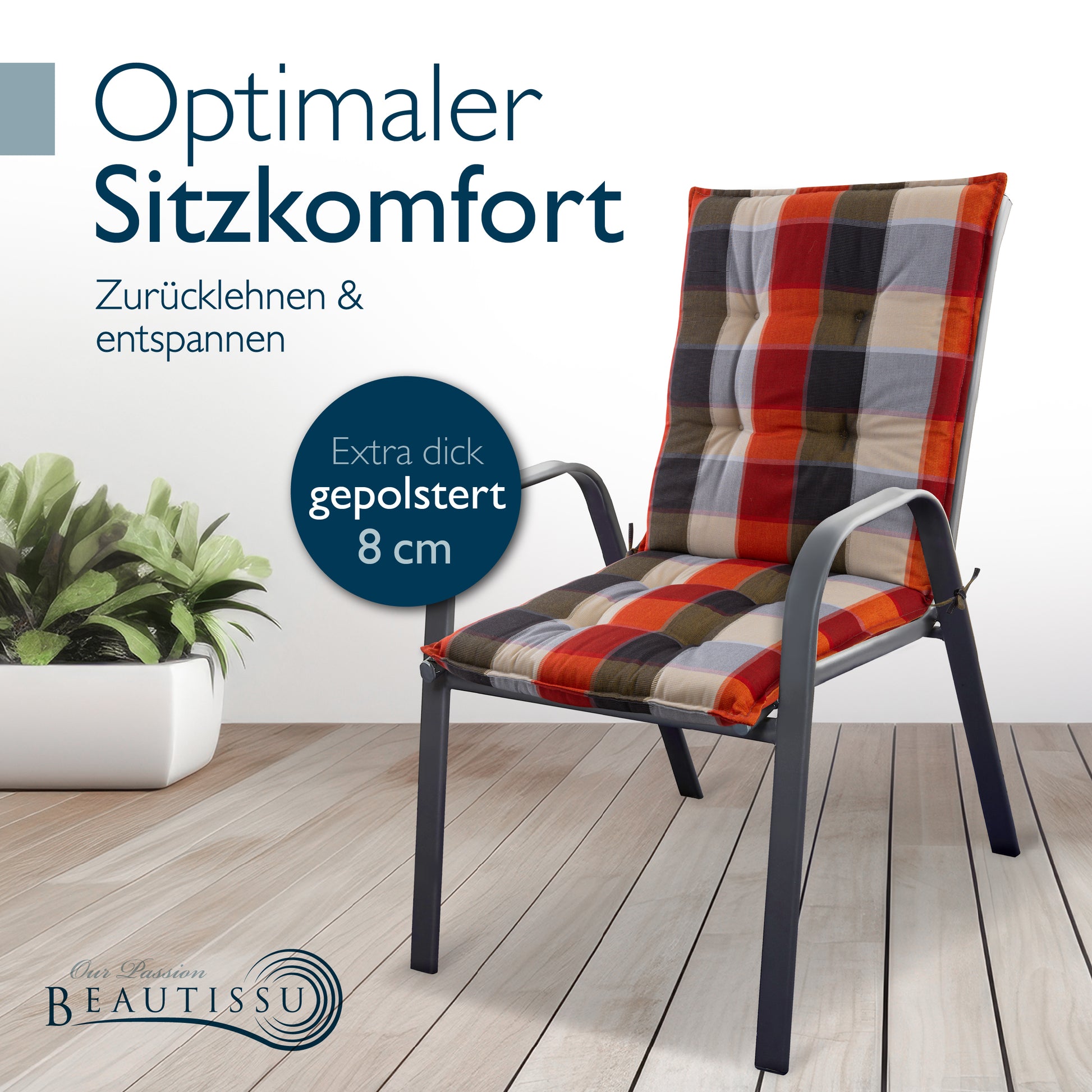 Beautissu Niederlehner Stuhlauflage 100x50x8 cm  – Gartenstuhl Sitzkis