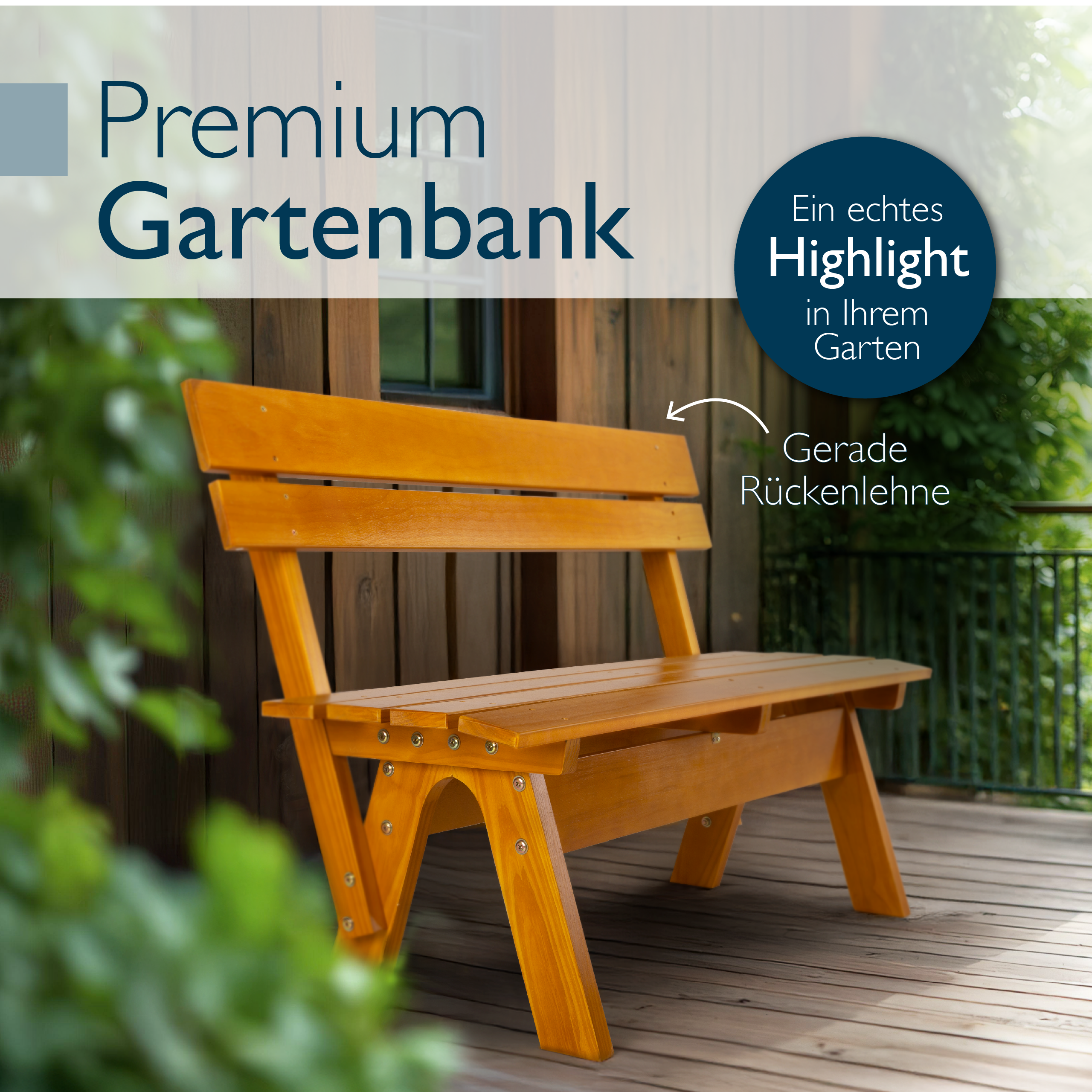 Wetterfeste Gartenbank aus honigfarbenem Massivholz für Garten, Balkon und Terrasse, 2- oder 3-Sitzer, robuste Konstruktion