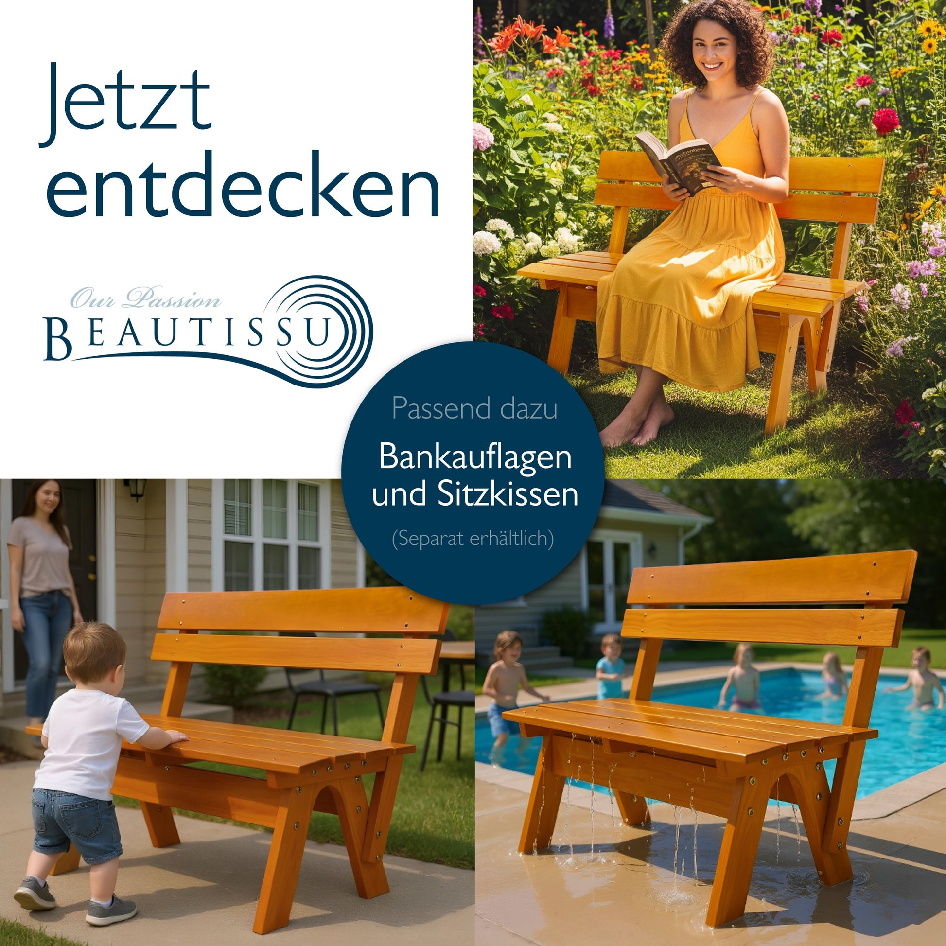 Wetterfeste Gartenbank aus honigfarbenem Kiefernholz für Garten, Balkon und Terrasse, 120 cm breit, 2-Sitzer