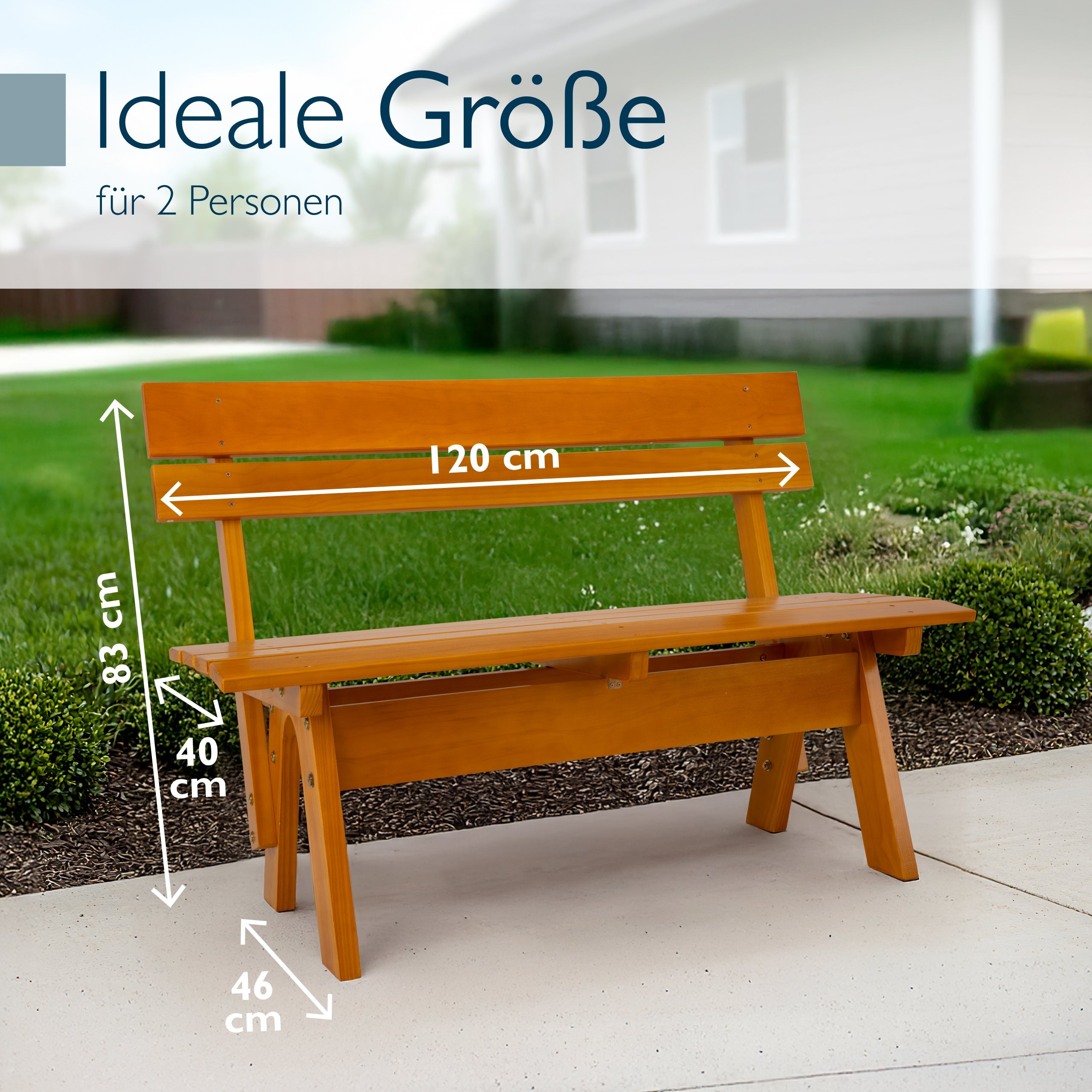 Wetterfeste Gartenbank aus honigfarben lackiertem Massivholz für Garten, Balkon und Terrasse, 2- oder 3-Sitzer