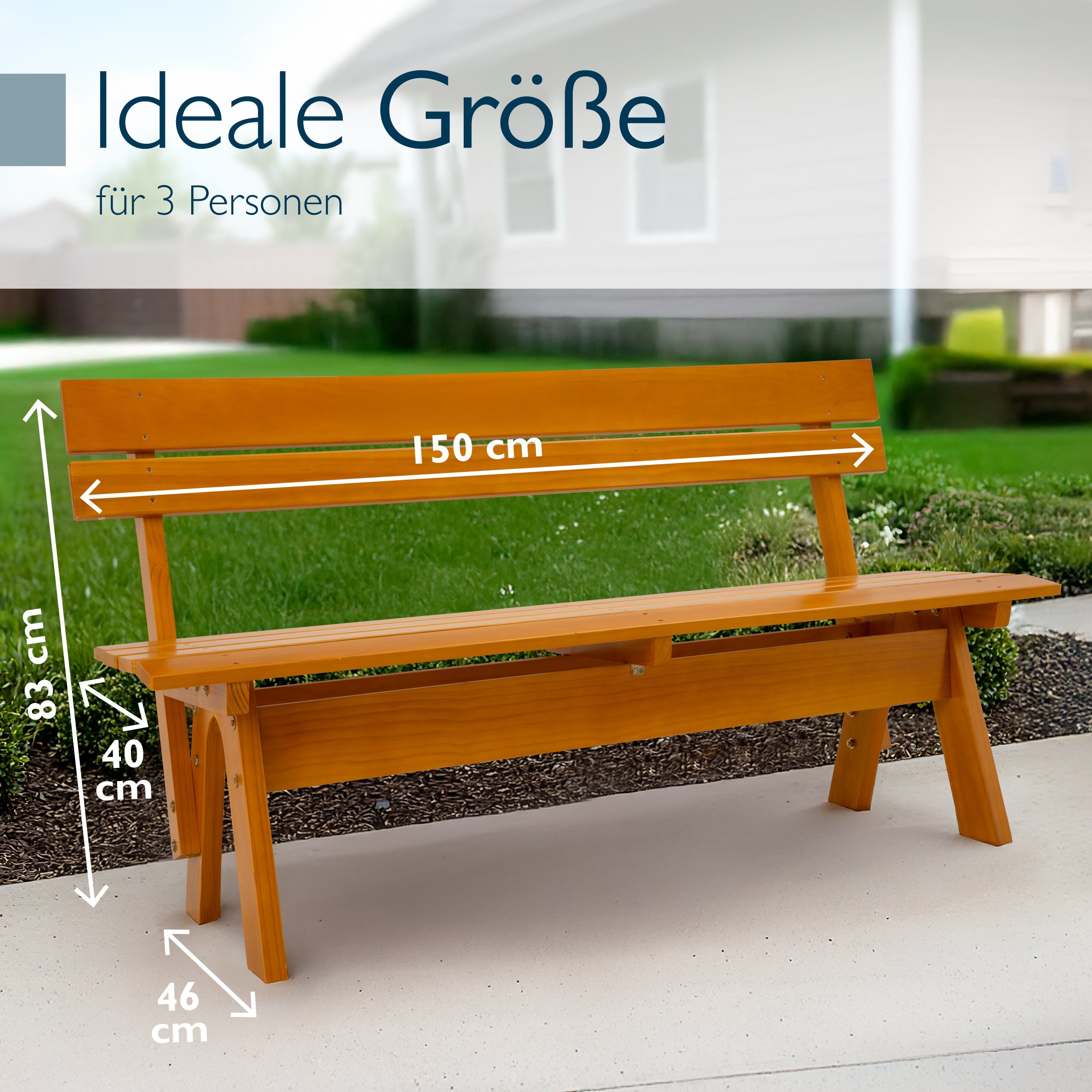 Wetterfeste Gartenbank aus honigfarben lackiertem Kiefernholz für Garten, Balkon und Terrasse, 2- oder 3-Sitzer