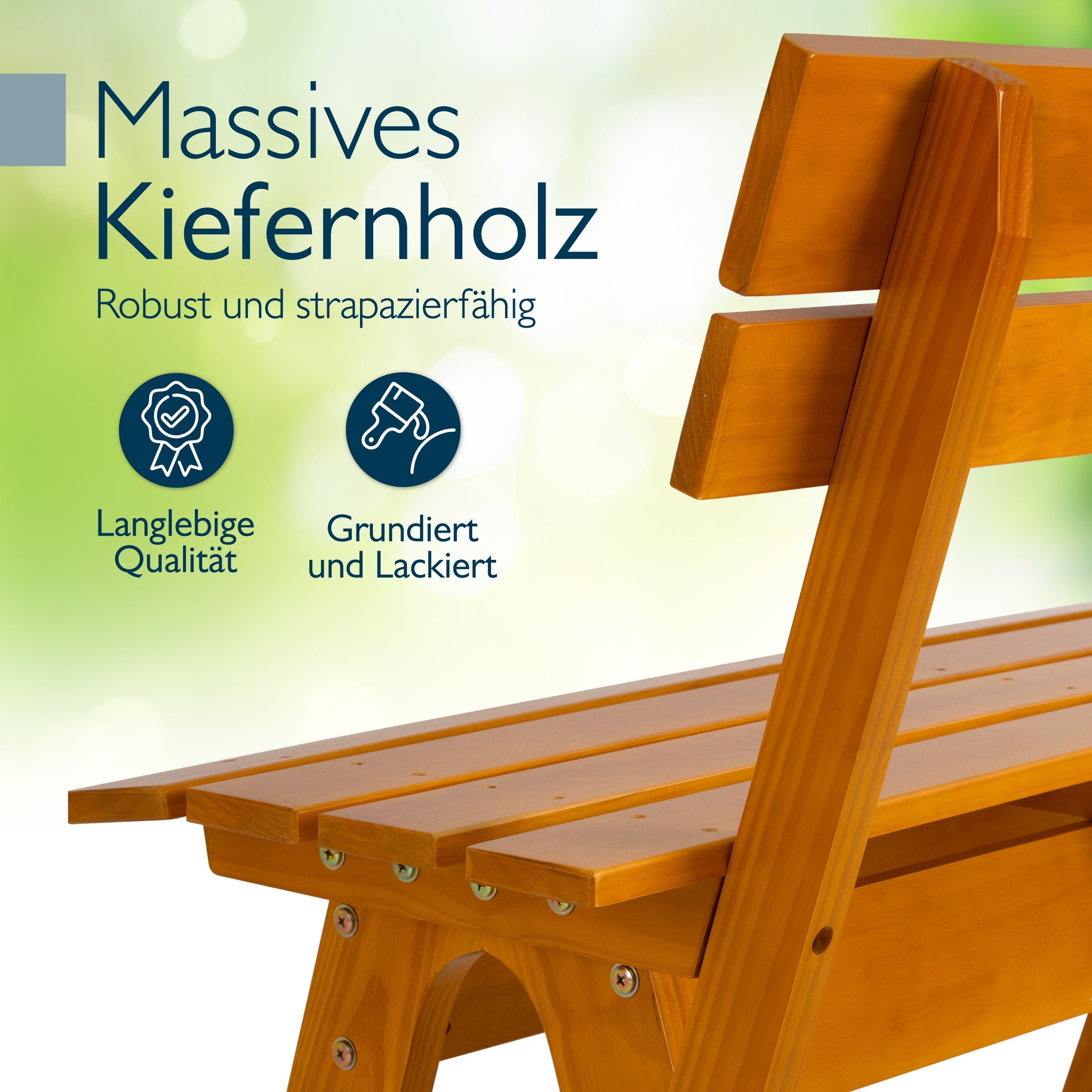 Wetterfeste Gartenbank aus honigfarben lackiertem Kiefernholz für Garten, Balkon und Terrasse, 2-3 Sitzplätze, stabile Konstruktion