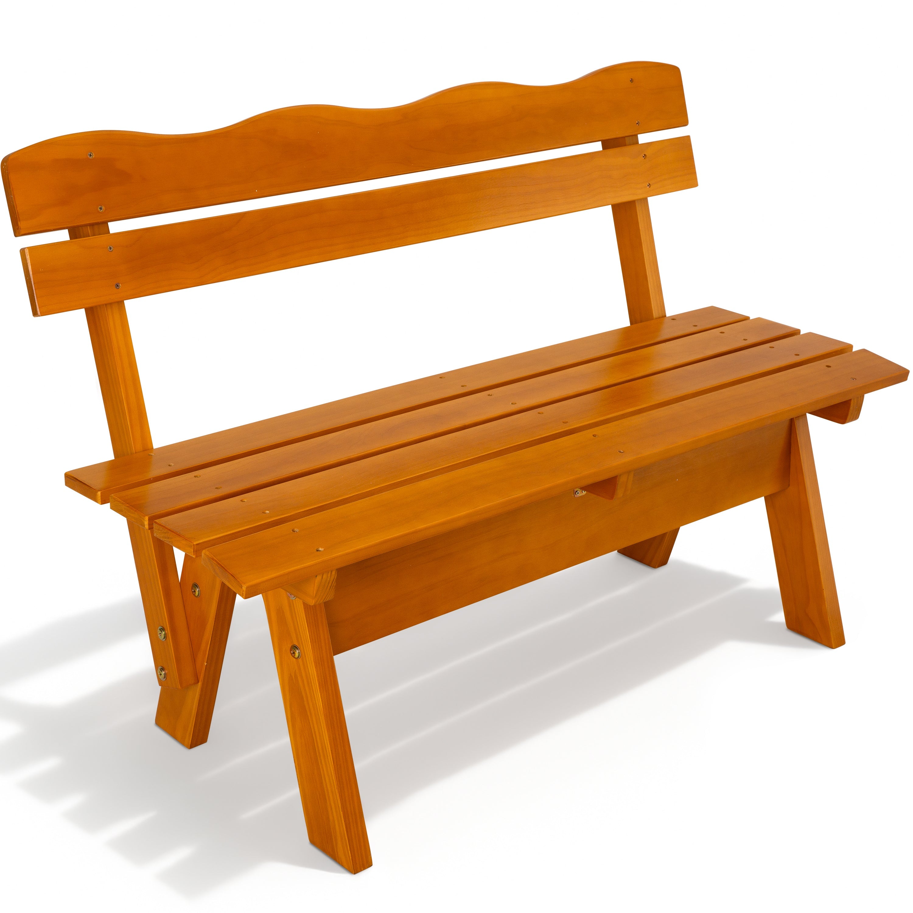 Wetterfeste Gartenbank aus honigfarben lackiertem Kiefernholz mit geschwungener Rückenlehne für Balkon und Terrasse