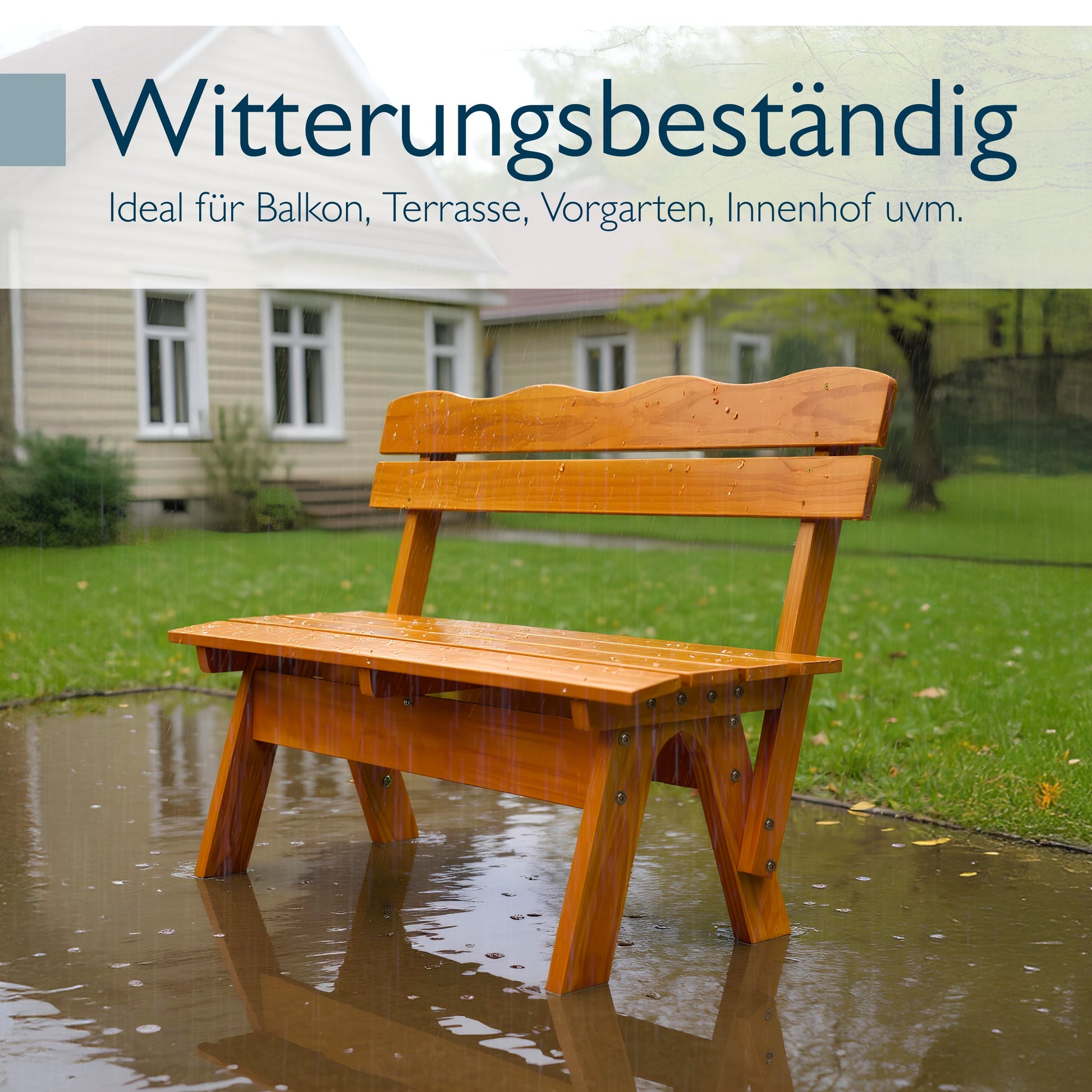 Wetterfeste Gartenbank aus honigfarben lackiertem Kiefernholz für Garten, Balkon und Terrasse, 2-3 Sitzplätze