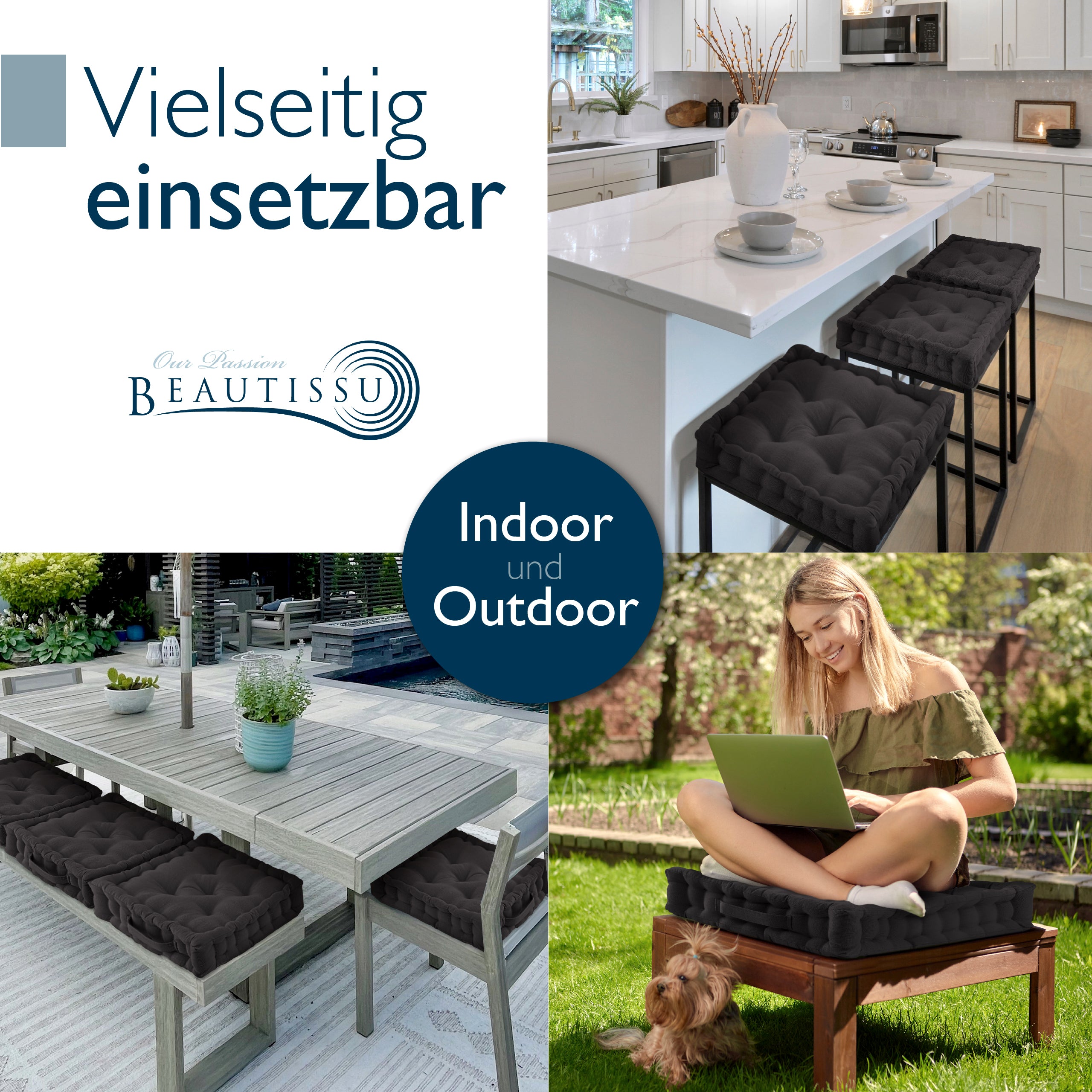 Beautissu Indoor & Outdoor Bodenkissen 50x50x8 cm mit Tragegriff – Sit