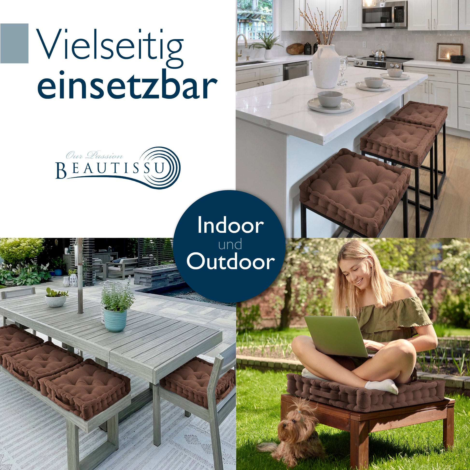 Beautissu Indoor & Outdoor Bodenkissen 50x50x8 cm mit Tragegriff – Sit