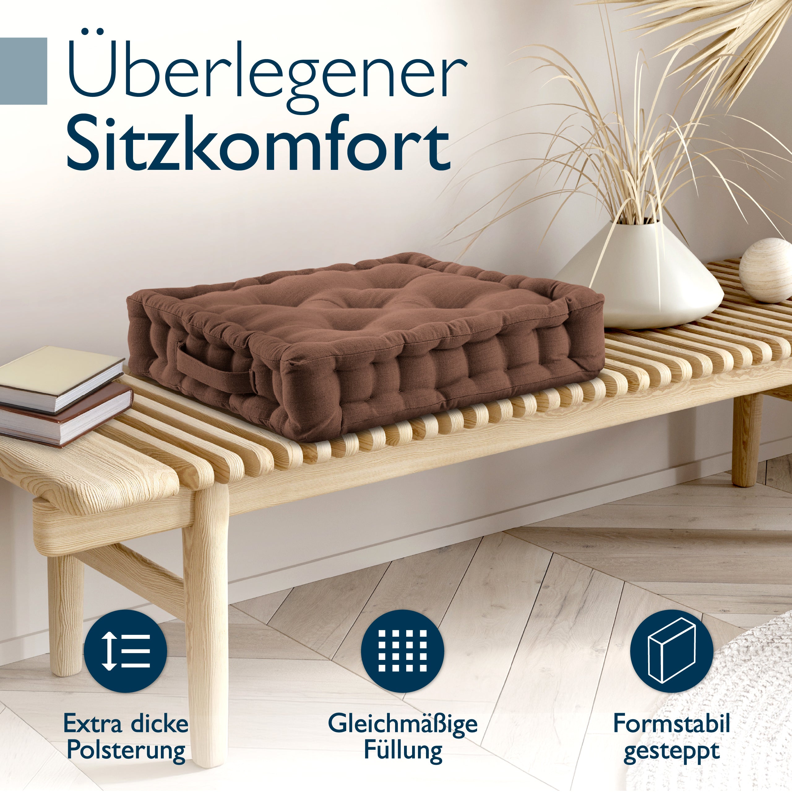 Beautissu Indoor & Outdoor Bodenkissen 50x50x8 cm mit Tragegriff – Sit