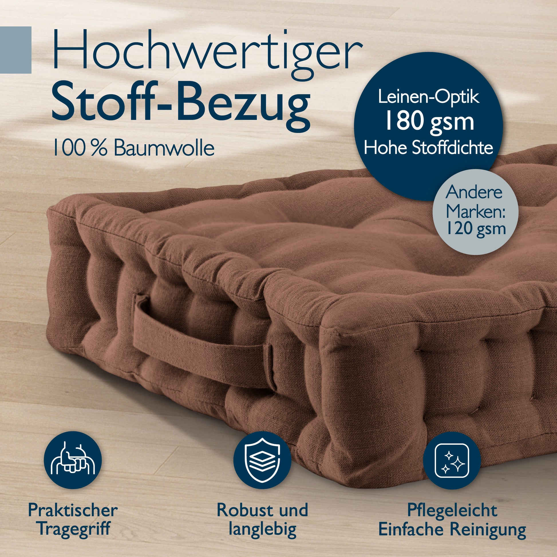 Beautissu Indoor & Outdoor Bodenkissen 50x50x8 cm mit Tragegriff – Sit