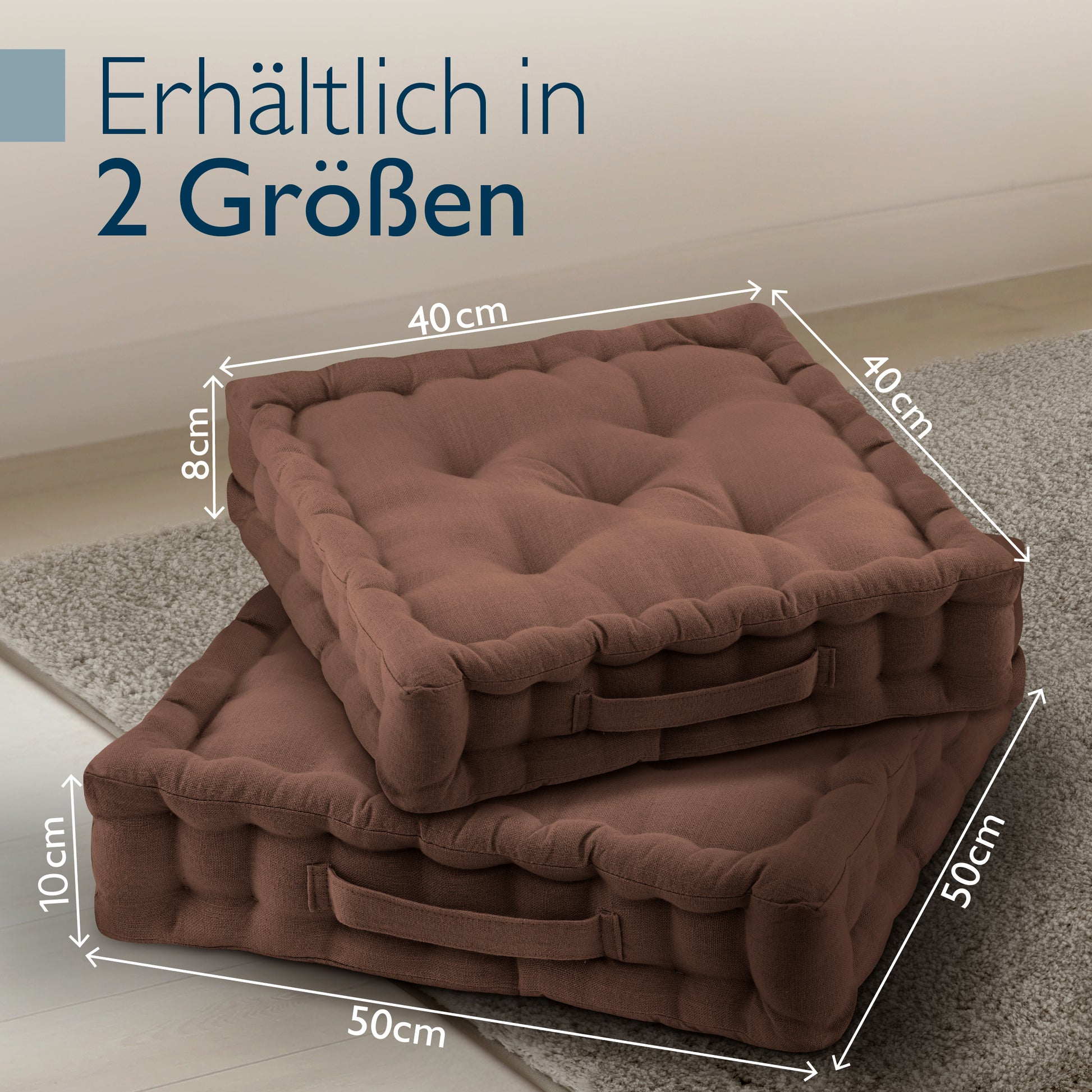 Beautissu Indoor & Outdoor Bodenkissen 50x50x8 cm mit Tragegriff – Sit