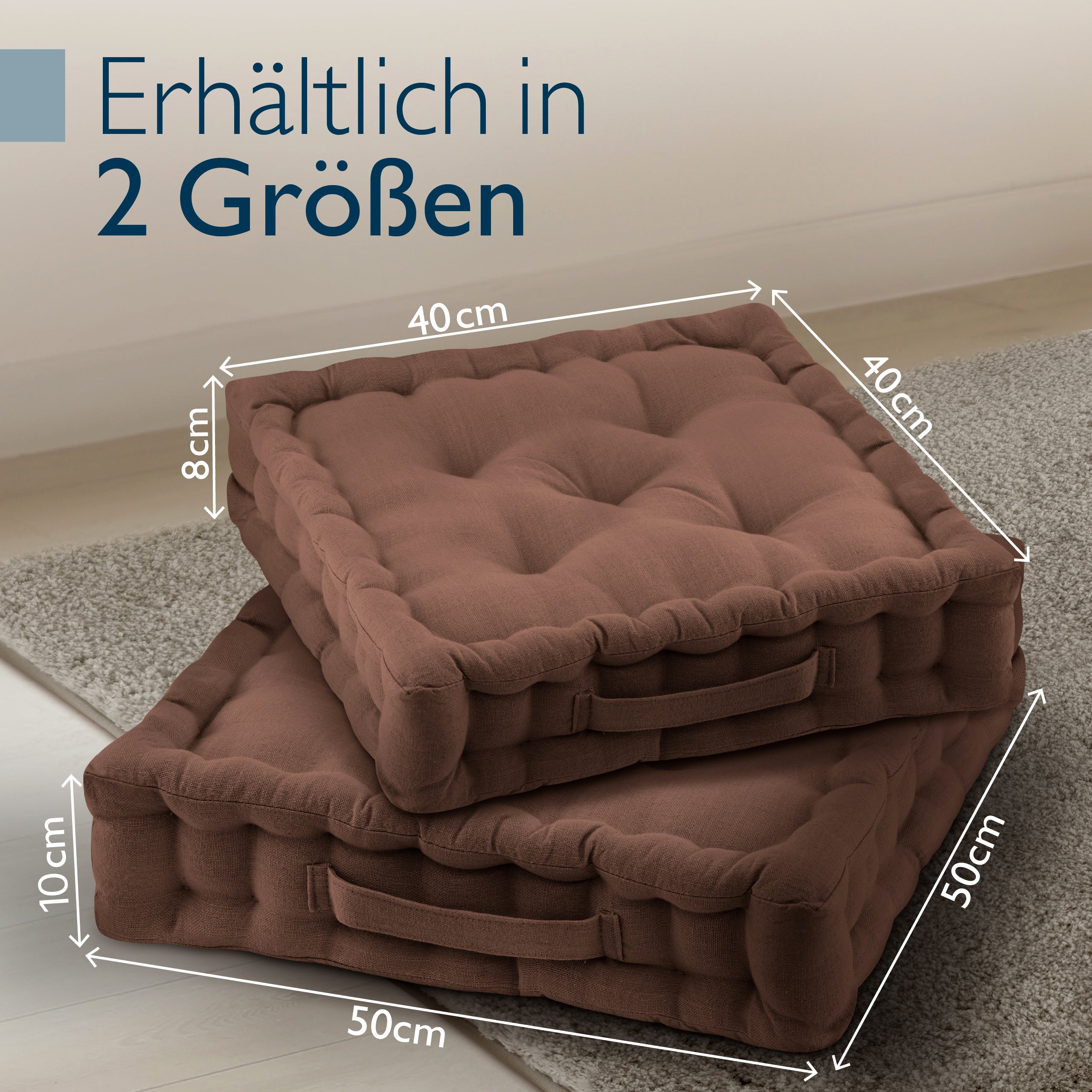 Beautissu Indoor & Outdoor Bodenkissen 50x50x8 cm mit Tragegriff – Sit