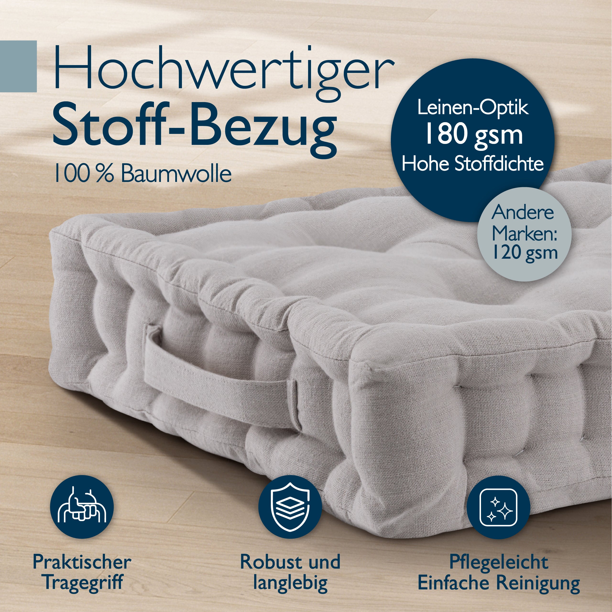 Beautissu Indoor & Outdoor Bodenkissen 50x50x8 cm mit Tragegriff – Sit