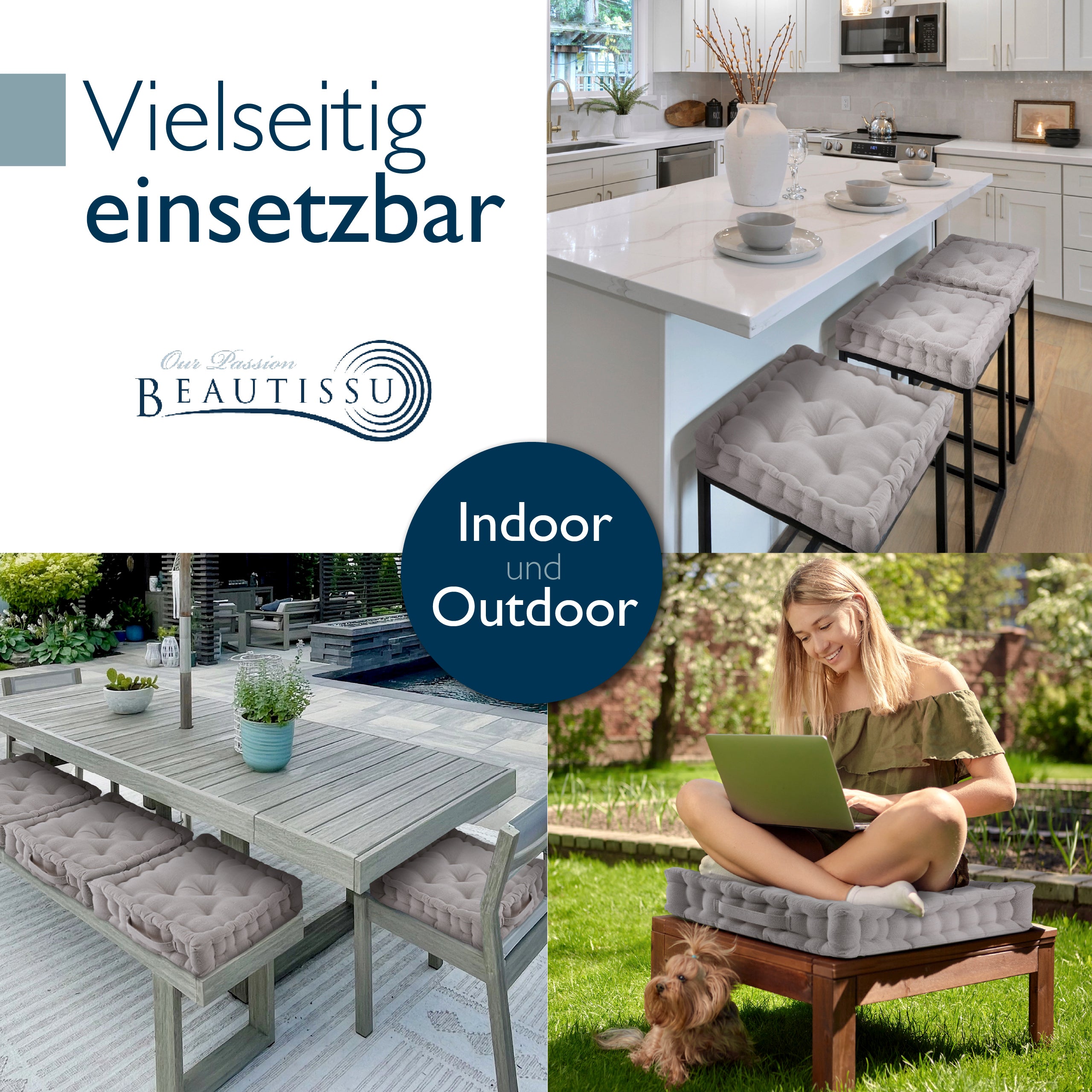 Beautissu Indoor & Outdoor Bodenkissen 50x50x8 cm mit Tragegriff – Sit