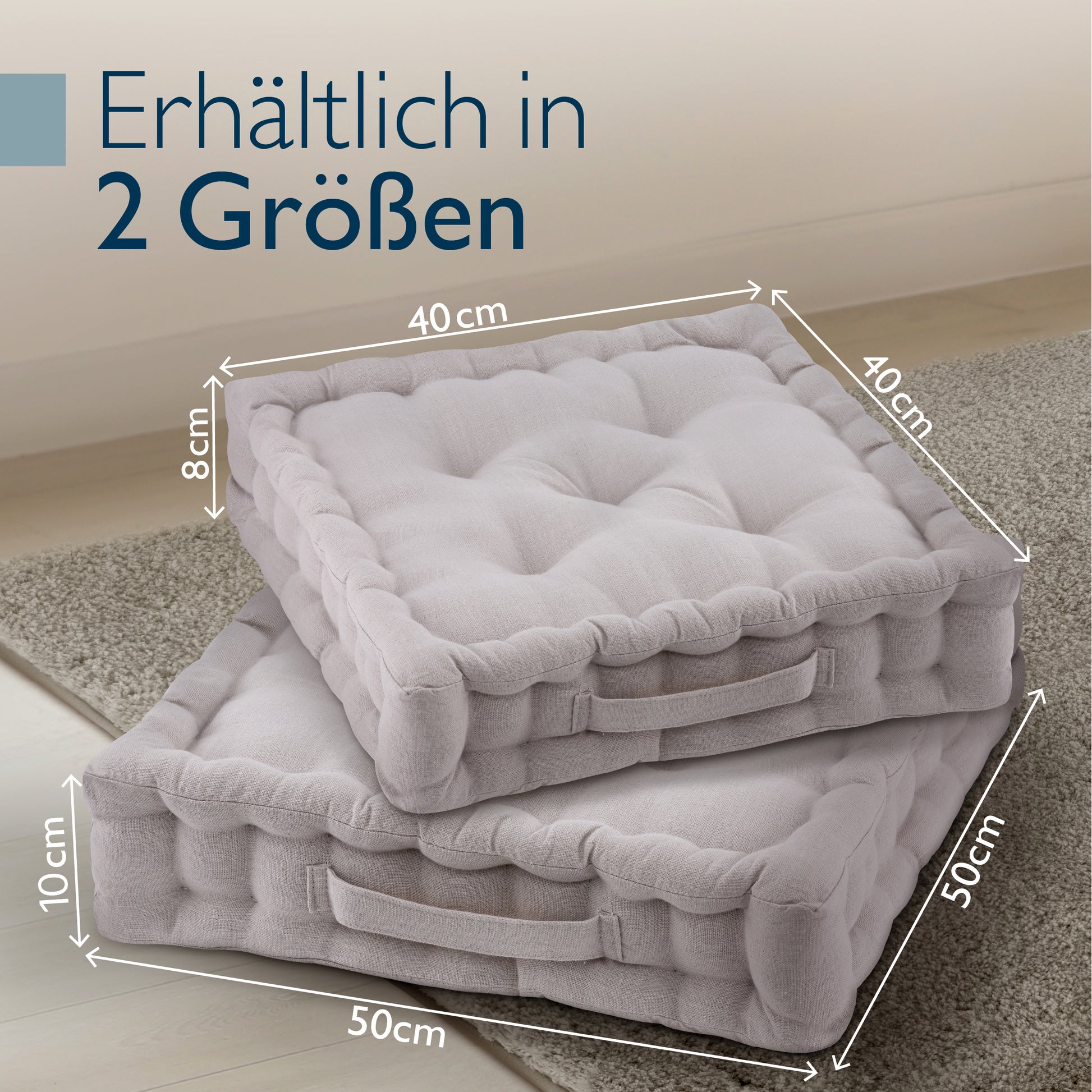 Beautissu Indoor & Outdoor Bodenkissen 50x50x8 cm mit Tragegriff – Sit