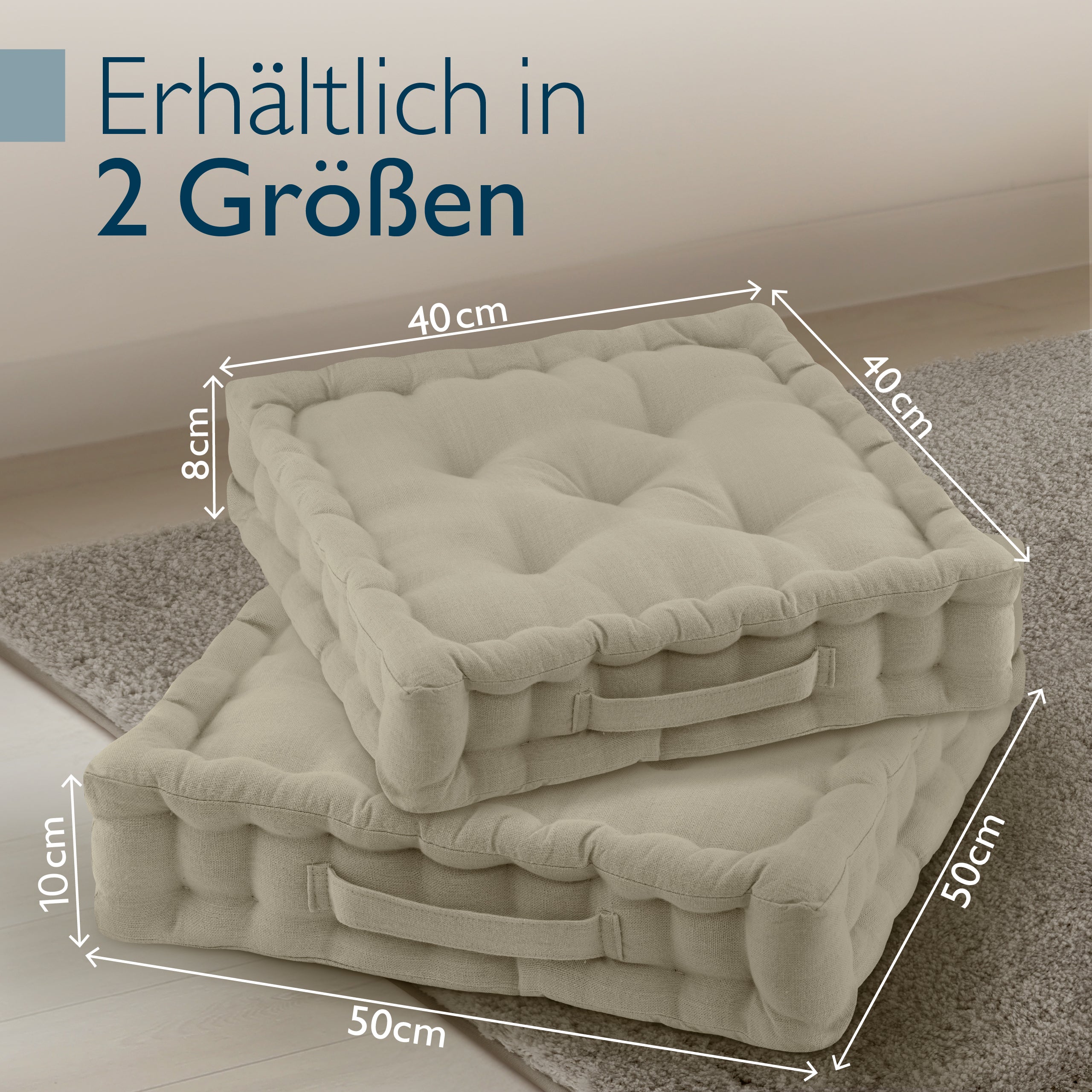 Beautissu Indoor & Outdoor Bodenkissen 50x50x8 cm mit Tragegriff – Sit