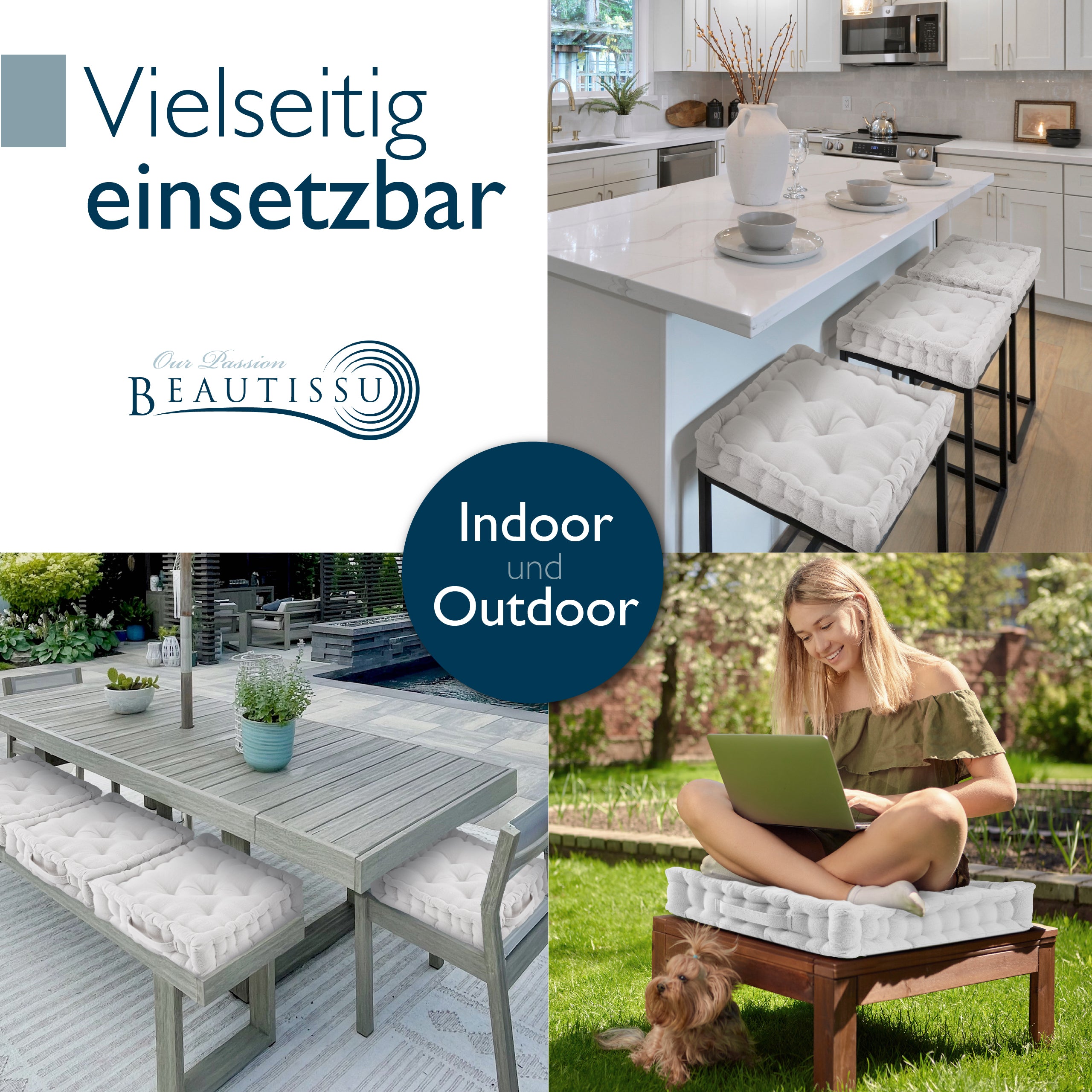Beautissu Indoor & Outdoor Bodenkissen 50x50x8 cm mit Tragegriff – Sit