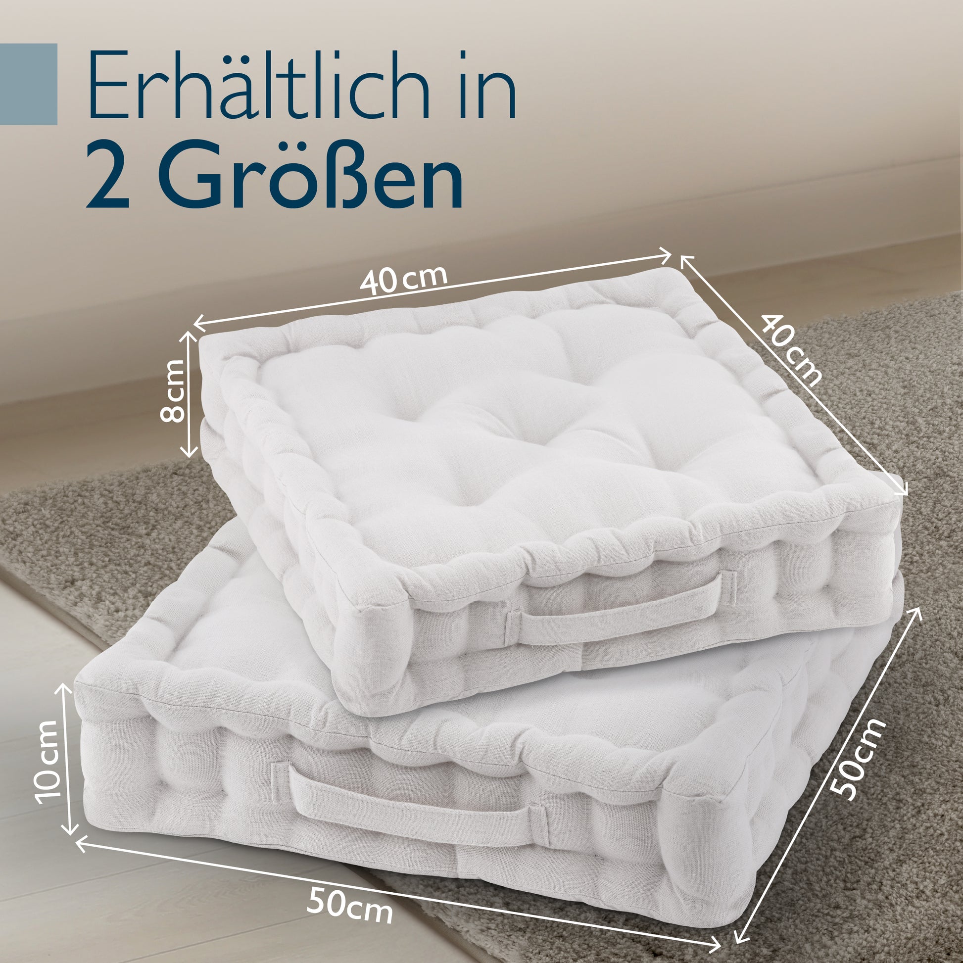 Beautissu Indoor & Outdoor Bodenkissen 50x50x8 cm mit Tragegriff – Sit